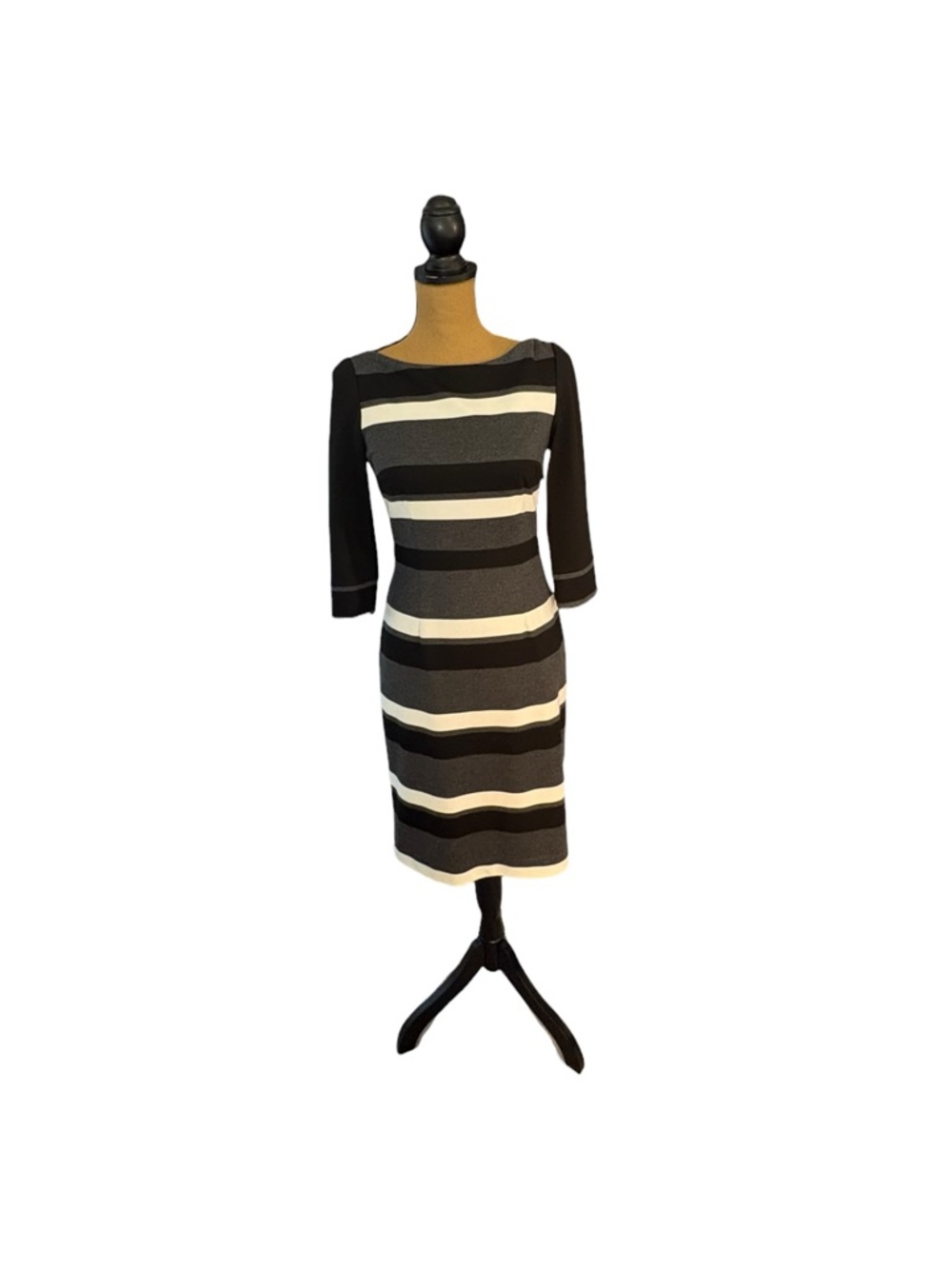 Kay Unger Black White Striped Dress 2 Boatneck 3/4 Sleeve A-Line Cocktail
